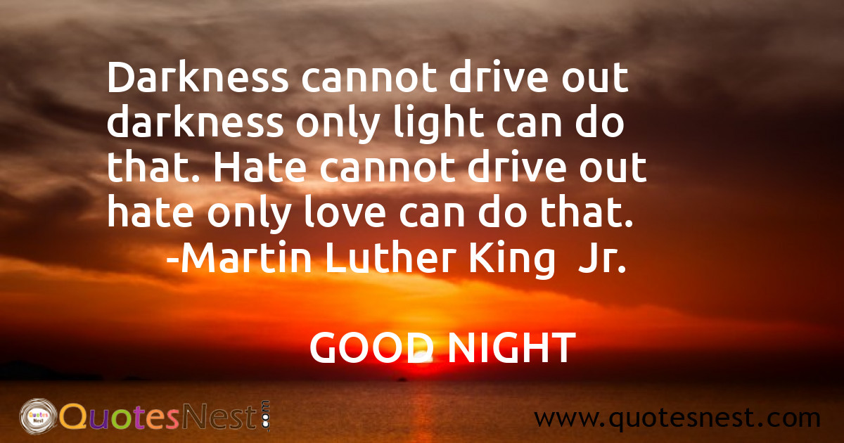 Darkness cannot drive out darkness only light can do that. Hate cannot drive out hate only love can do that.